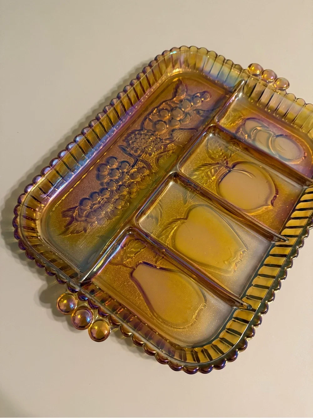 Indiana Marigold Carnival Iridescent Glass Divided Tray Platter Fruit Pattern